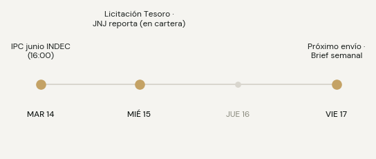 Agenda: martes 14 IPC de junio del INDEC a las 16; miércoles 15 licitación del Tesoro y balance de Johnson & Johnson; viernes 17 próximo envío con el brief semanal
