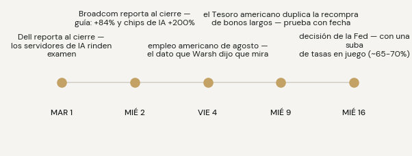 Agenda: martes 1 Dell reporta al cierre; miércoles 2 Broadcom reporta al cierre; viernes 4 empleo americano de agosto; miércoles 9 recompra ampliada del Tesoro americano; miércoles 16 decisión de la Fed con una suba en juego.