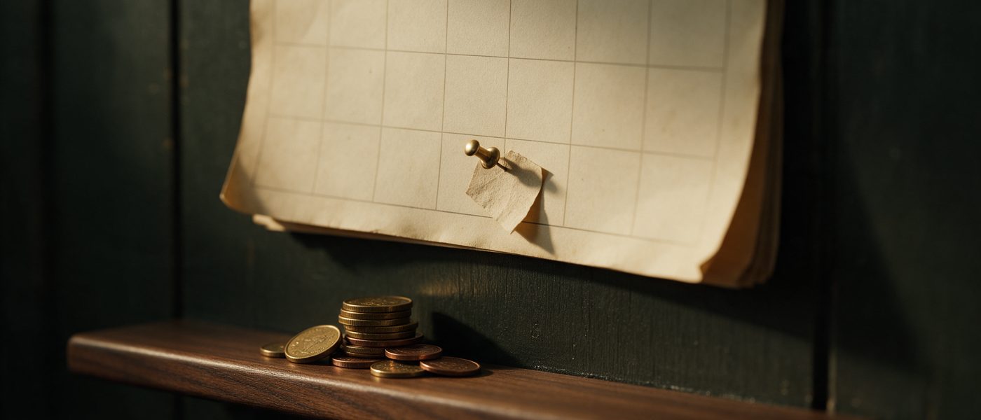 Un calendario de papel en una pared oscura con una nota clavada cerca del final del mes: el Tesoro renovó todo y puso la mitad en noviembre.