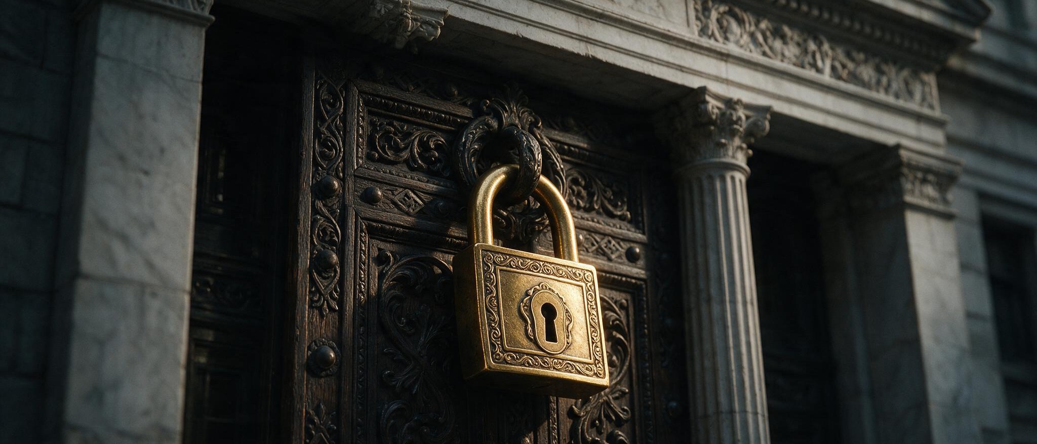 Un candado de bronce sobre la puerta de un banco de mármol: la primera firma del candado al Banco Central.