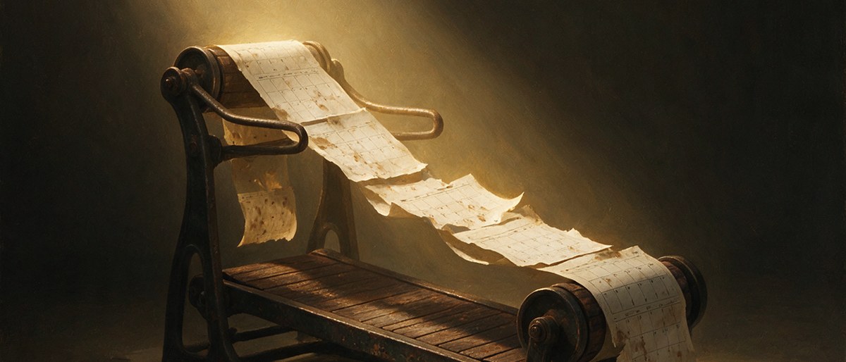 Una cinta de correr antigua en una sala oscura: la banda está hecha de hojas de papel encadenadas, iluminadas en dorado, que giran sin avanzar.