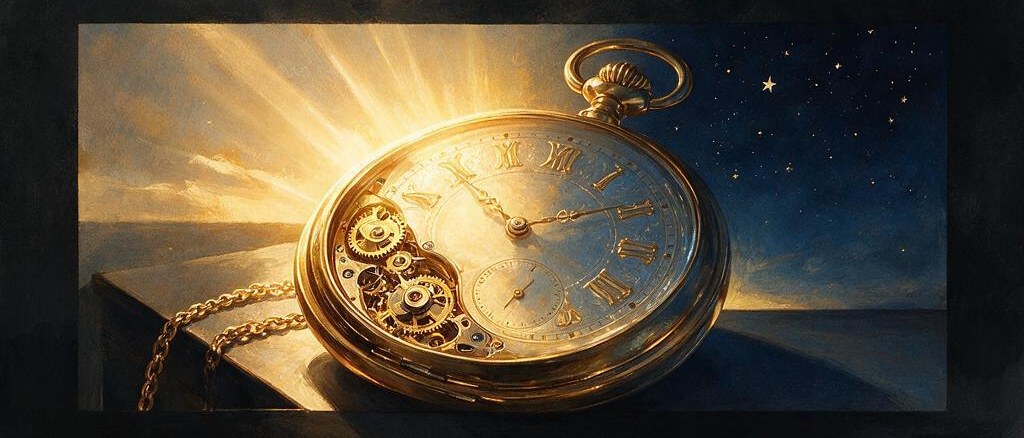Un reloj de bolsillo dorado entre el amanecer y la noche: el día doble — la inflación a la mañana, NVIDIA a la noche.