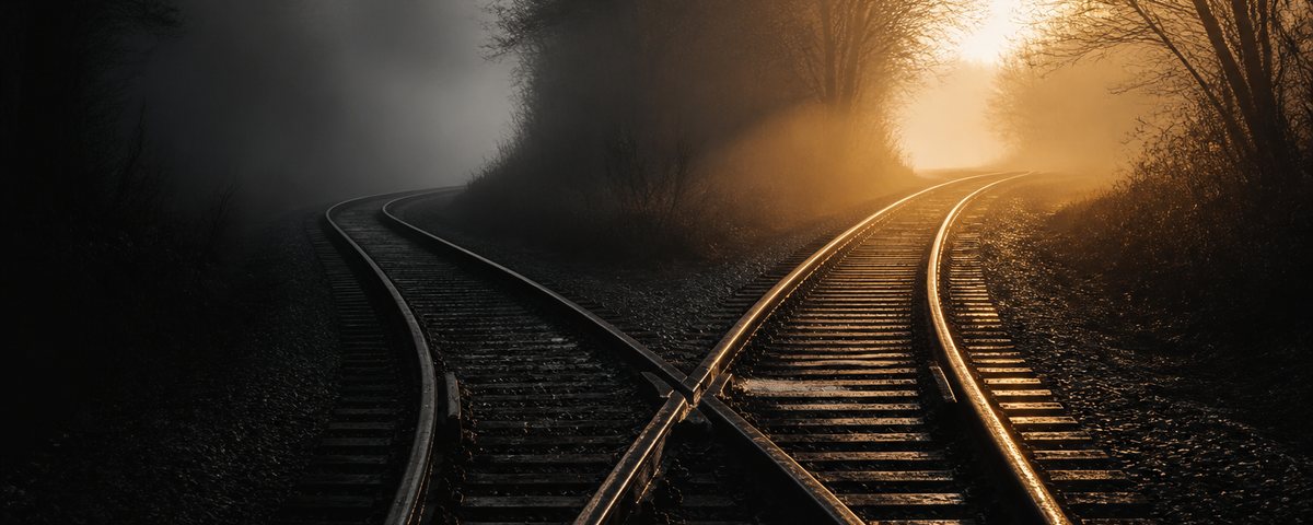 Dos vías de tren se separan en un desvío entre la niebla del amanecer: una se curva hacia la luz dorada, la otra se pierde en la sombra