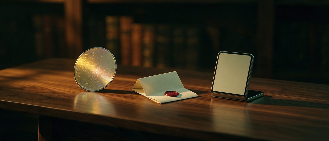 Tres objetos sobre una mesa de madera oscura: una oblea de silicio, un contrato con sello y un teléfono plegable abierto.