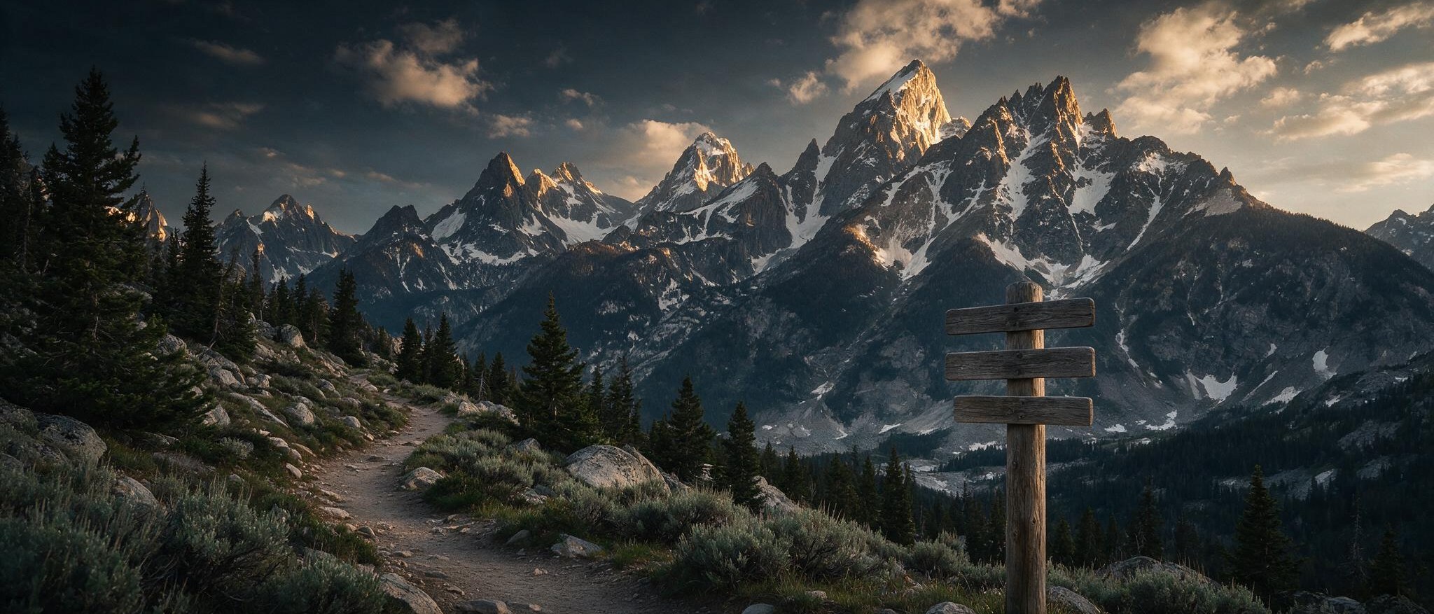 Un sendero de montaña al amanecer con un cartel de madera sin escribir: Warsh pidió que no lo llamen guía prospectiva.