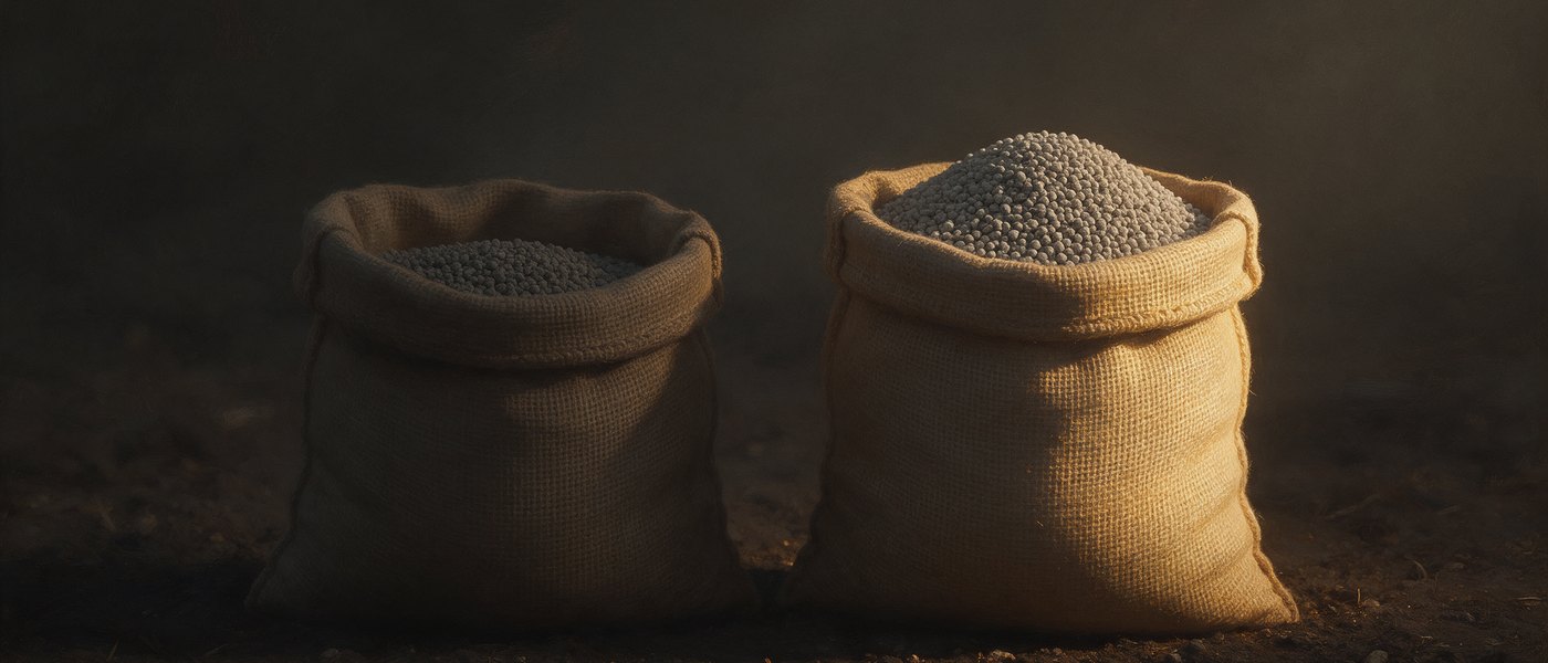 Dos bolsas de arpillera con granos de fertilizante sobre tierra oscura: la de la derecha, colmada y a la luz; la de la izquierda, más vacía y en penumbra.