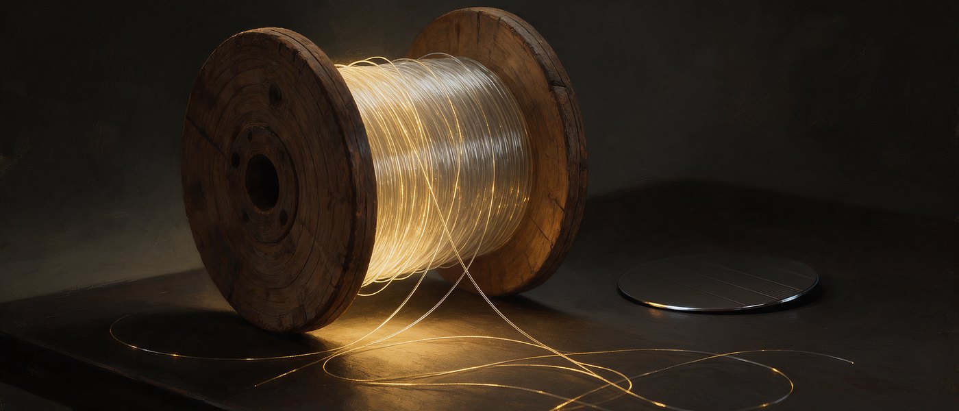 Un carrete de madera con fibra óptica finísima desenrollándose sobre una mesa oscura, las hebras encendidas en dorado, y una oblea de silicio en la sombra.