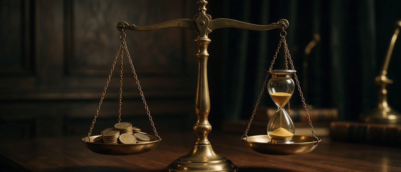 Una balanza antigua de bronce con pesos de un lado y un reloj de arena del otro: el Tesoro renovó toda su deuda pagando tasa por encima de la inflación.