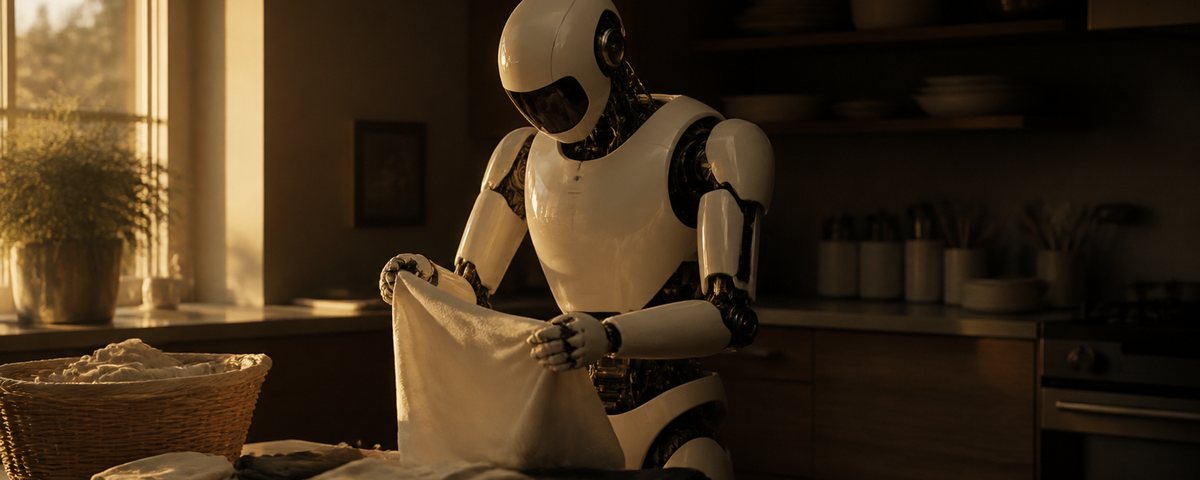 Un robot humanoide dobla ropa sobre la mesa de una cocina hogareña, con la luz dorada del atardecer entrando por la ventana
