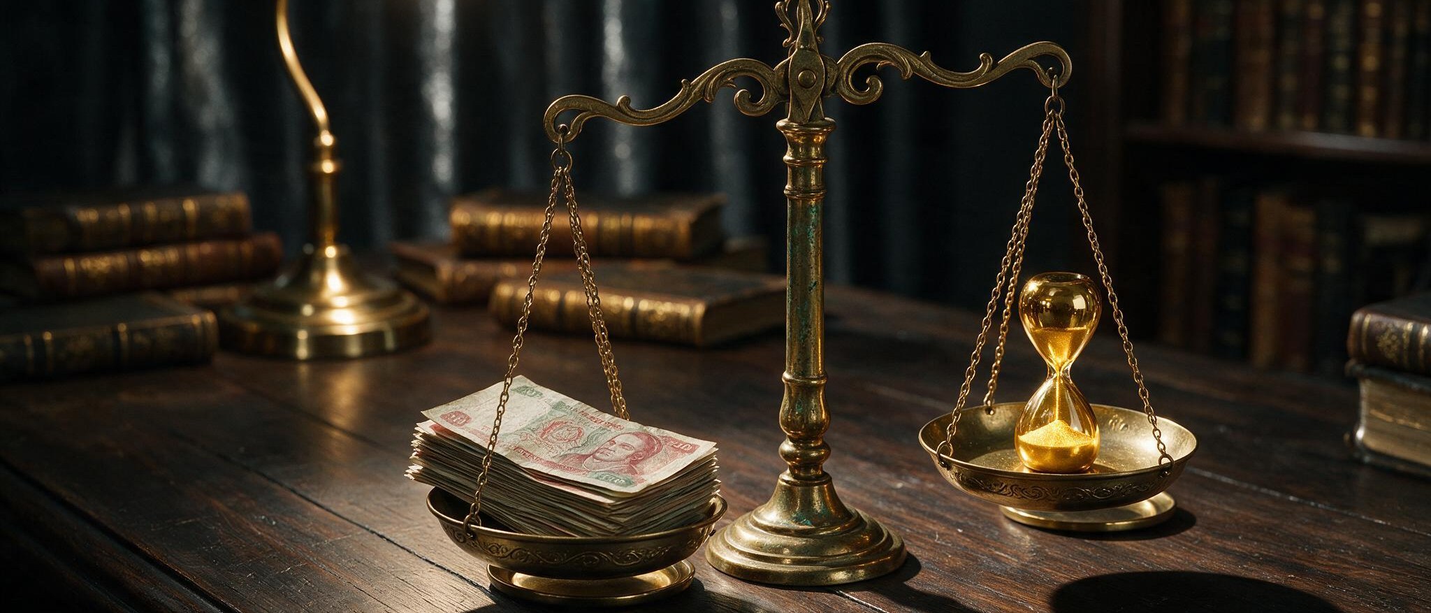 Una balanza antigua de bronce con billetes de un lado y un reloj de arena dorado del otro: los tres relojes de septiembre.