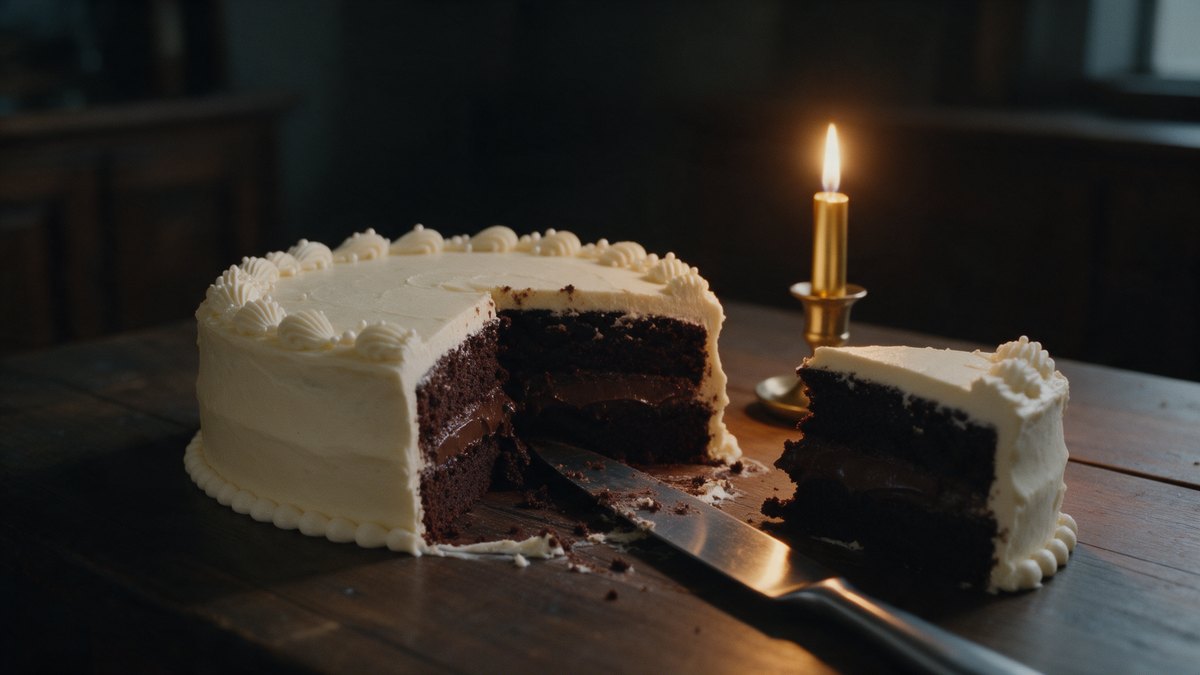 Una torta de crema sobre una mesa de madera oscura, cortada en porciones desiguales; una porción separada del resto, junto a un cuchillo de acero, a la luz de una sola vela. Ilustración de la columna.
