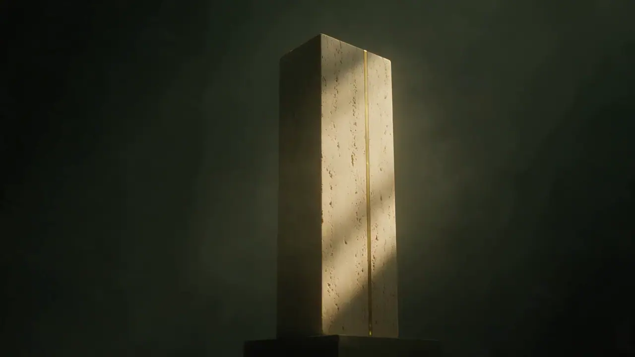 Un bloque de piedra que se abre en tres piezas: bronce, travertino y mármol